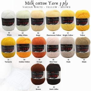 Benang Katun Rajut - Milk Cotton Yarn 3 ply- Putih-Kuning-Coklat